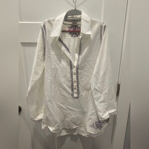 Subtle Luxury White Embroidered Cotton Tunic Top Boho Resort Wear S/M Made in In